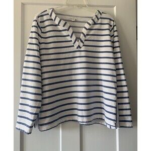 J Jill Women's Cotton Top Pullover Tunic Notch Neck White Blue Striped‎ XL
